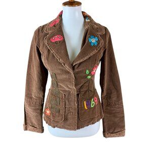 Pepper Brown Corduroy Jacket 1969 Peace Sign Appliqué Boho Hippie Y2K Retro S